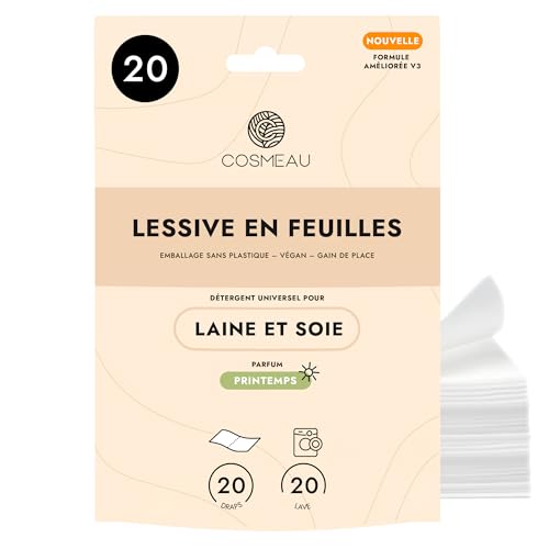 Cosmeau Lessive en Feuilles pour la Laine et la Soie - Fraîcheur Printanière - Jusqu’à 20 Lavages (20 Feuilles) - Feuilles de Lessive Durables - Sans Plastique & Parfait Comme Détergent de Voyage.