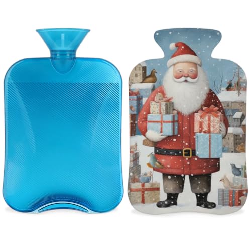 Hot Water Bottle with Soft Cover,2L Xmas Santa Claus Hot Water Bag for Hot and Cold Compress, Hand Feet Warmer, Mystical Santa Claus Rubber Hot or Cold Water Bottle Halloween Christmas Decorations