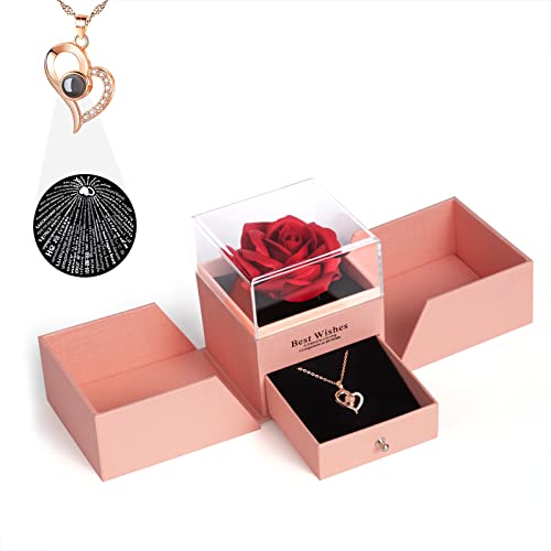Preserved Rose Romantic Valentines Gifts for Her, I Love You Necklace 100 Languages Birthday Gifts for Girlfriend, Promise Necklace Gifts for Her, Eternal Rose as Couple Gifts, Wife