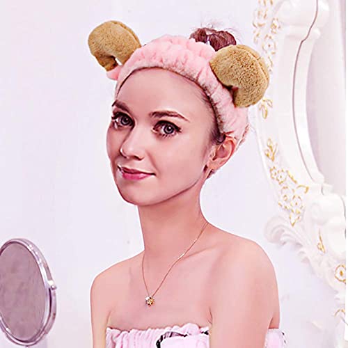 Hogoo 3 Pcs Plush Sheep Ears Headband Makeup Shower Wash Face Sport Hair Band (Pink+Brown+Beige) #TOP5