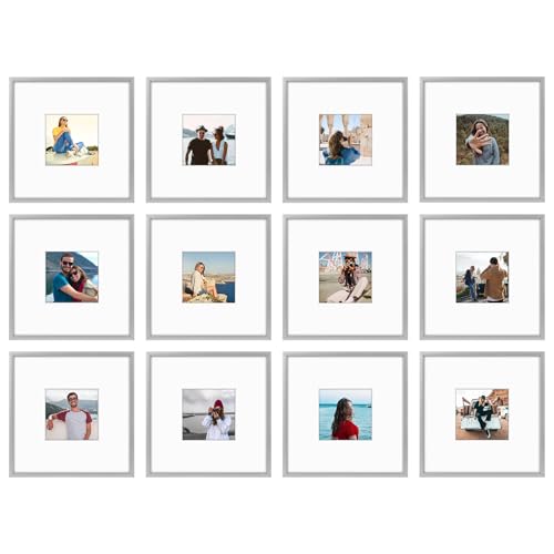 Frametory 12 Pack 8x8 Aluminum Frame with Mat for 4x4 Photo, Silver