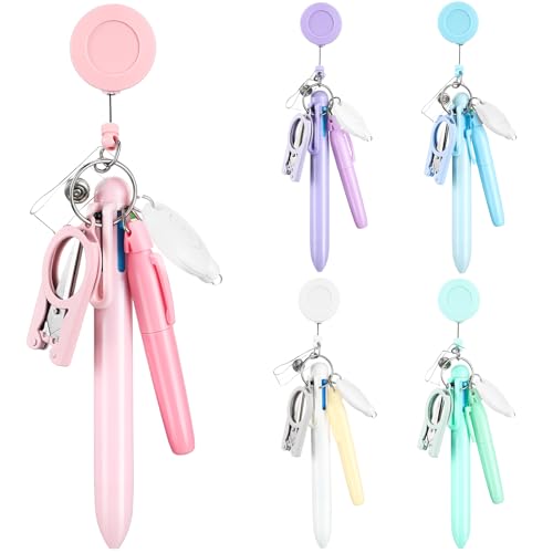Trandraft 25 Pcs Nurse Pen Set Nurse Badge Accessories Mini Retractable Ball Pens Highlighter Badge Clip LED Keychain Folding Scissors (Pastel Color)