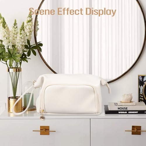 Abiudeng Makeup Bag for women,Toiletry Travel Makeup Bags Pouch with Brush Compartments, Large Portable Cosmetic Bag with Handle,Wide Open Cute Bag,PU Water-Resistant Makeup Bag-White