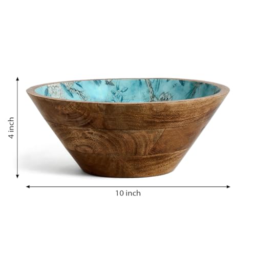 Image of SAAGA Printed Mango Wood Serving Bowl - 10 x 4 Inch Handcrafted Round Wooden Bowl | Food-Grade Finish for Noodles, Soups, Curries & Snacks - Marine Blue