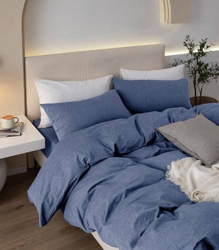 JIYUAN 100% Washed Cotton Duvet Cover Set 2 Pieces Twin, 1 Duvet Cover 68x90 Inches(Comforter Not Included) and 1 Pillowcase,Linen Like Comfy and Breathable,Heathered Blue