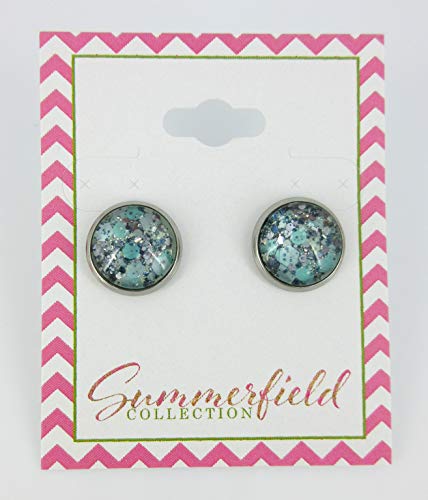 Stainless Steel Mint Green and Silver Glitter Glass Stud Earrings Hand-painted 12mm - Thumbnail 2