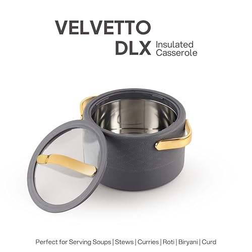 Image of CELLO Velvetto Deluxe 2500 Insulated Casserole Hot Box for Kitchen 2500 ml, Grey | Airtight See Through Lid Hot Pot Case Keeps Food Hot & Warm for Long Hours, Casserole Set for Roti, Rice & Biryani