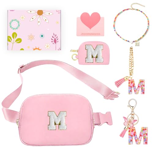 6 Pcs Teen Girl Gifts Trendy Stuff, Monogrammed Fanny Pack for Girl with Keychain, Necklace, Cup Charm, Greeting Card and Gift Box, Birthday Gifts for 4 5 6 7 8 9 10 11 12 13 Year Old Girls (M, Pink)