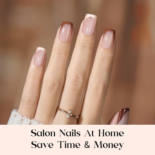 Image of Beetles French Tip Press On Nails - Mocca Mousse | 7 Colors Short Square Press On Nails Brown | 16 Sizes 224 Pcs Acrylic Nail Natural Salon Quality Gift For Women
