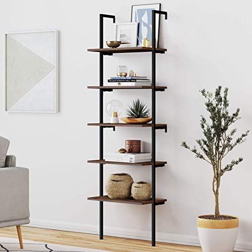 HITIK 5 Tier Wall Mounted Bookshelf, 72 Inches Tall Ladder Shelf with Metal Frame and Wood Board, Modern Industrial Bookshelf for Bedroom, Office, Living Room, Hallway