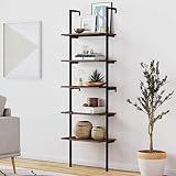 HITIK 5 Tier Wall Mounted Bookshelf, 72 Inches Tall Ladder Shelf with Metal Frame and Wood Board, Mo