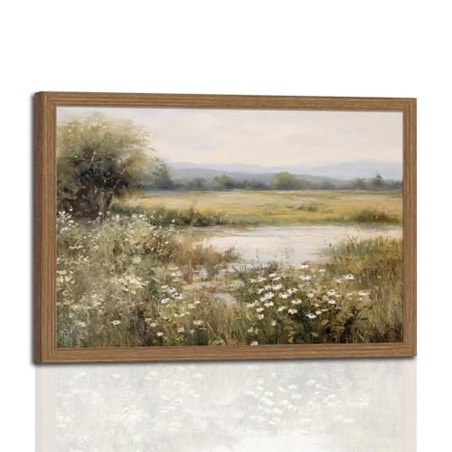 Framed Canvas Wall Art – Spring River Landscape with Wildflowers...
