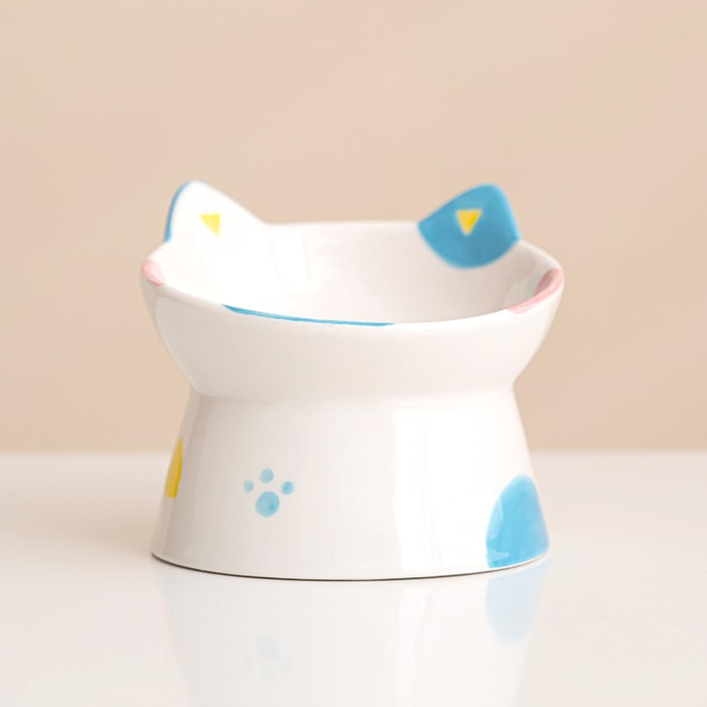 Ceramic Raised Cat Bowls, Anti Vomiting and Protect Pets' Spines for Indoor Cats Whisker Friendly Pet Feeder for Cats Puppies (Blue)