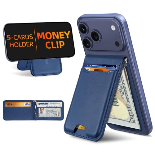 ExtreLife For Magsafe Wallet with Money Clip Strongest Magnetic Wallet for iPhone 17/16/15/14/13/12 Series Adjustable Stand ID Window 5 Card Holder RFID Blocking Not for 13/12 Mini Navy Blue