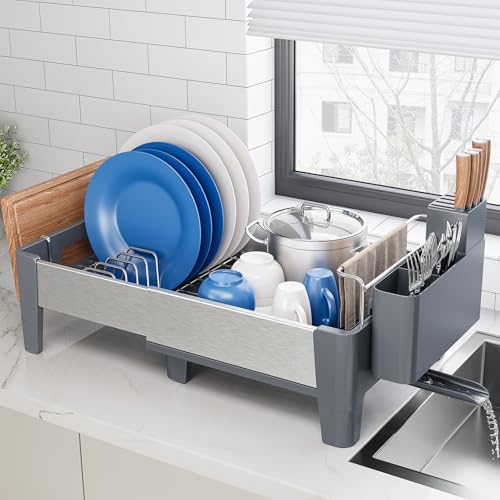 Urackify Expandable Dish Drying Rack, Stainless Steel Dish Rack with Aluminum Frame, Dish Drainer for Kitchen Counter, Space Saving Kitchen Drying Rack with Movable Utensil Holder,Gray