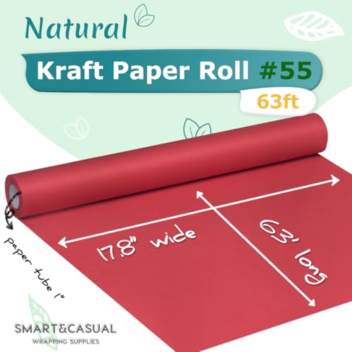 SMART&CASUAL 17.8" x 760" (63') Red Kraft Craft Paper Roll for Gift Wrapping Bulletin Board Bouquet Flower Kids Art Packing Parcel Table Covering 80GSM 55LB (Red, 17.8" x 63')