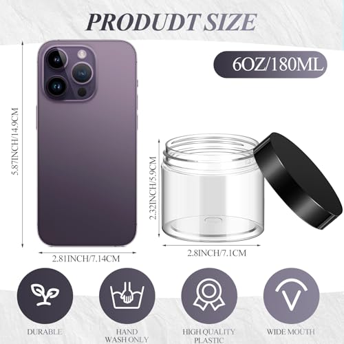 Patelai 60 Pcs Plastic Container Jars with Lids Round Clear Travel Cosmetic Container Jars for Toiletries, Lotion, Cream, Ointments, Makeup, Rhinestone, Samples, Kitchen Storage(Black,6 oz)2