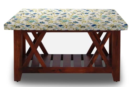 Image of The Furnishing Tree Elastic Cotton Square Center Table Cover 26x26 in Inches Floral Blue Leaf on offwhite Base