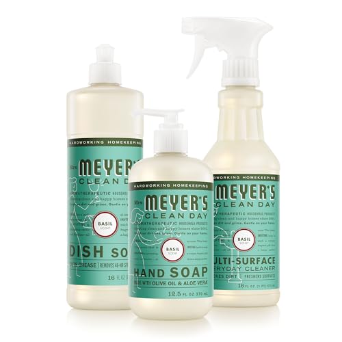 MRS. MEYER'S CLEAN DAY Kitchen Essentials Set, Includes: Hand Soap, Dish Soap, and All Purpose Cleaner, Basil, 3 Count Pack