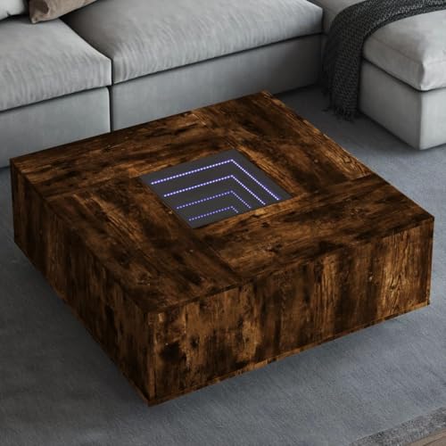 Table basse avec LED Infinity en bois et verre pour désencombrer votre canapé