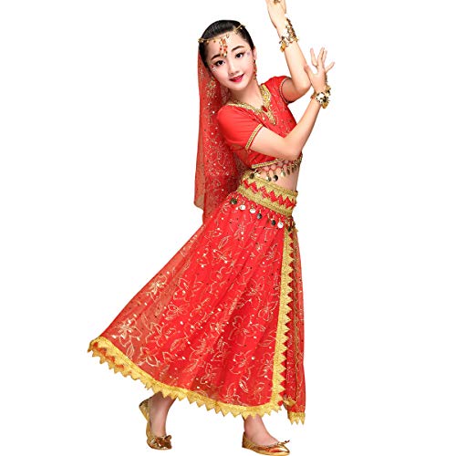 Belly Dance Costume Bollywood Dress - Halloween Chiffon Dance Outfit Costumes with Head Veil for Girls