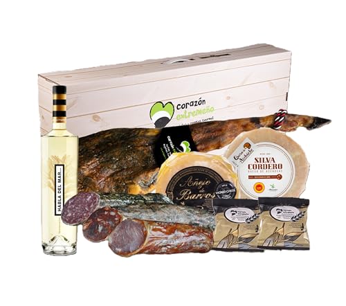 Lote Cesta Gourmet Empresas Navidad Cuacos de Yuste Jamón Ibérico Cebo 7,5 kg + Quesos Premiados + Embutidos Ibéricos + Vino Habla del Mar | CORAZON EXTREMEÑO