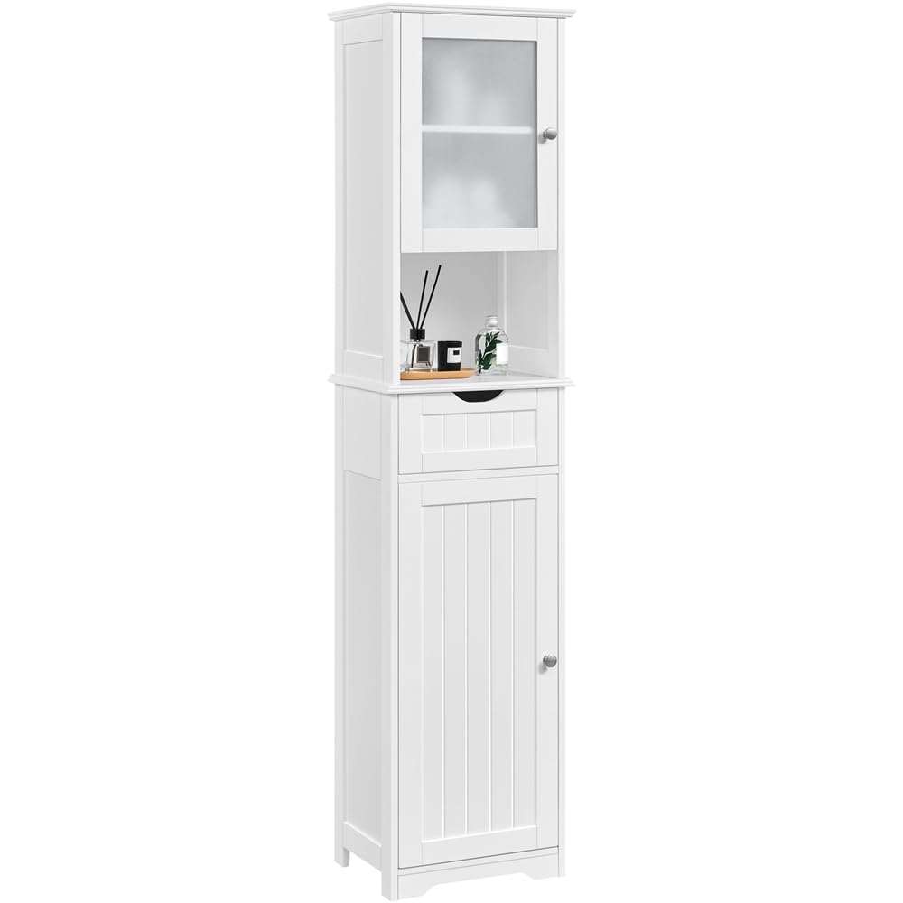 Yaheetech Armadietto da Terra con Ripiani Regolabili Armadio da Bagno con Ante Mobile Autoportante in Vetro Mobiletto con Cassetto per Cucina Soggiorno Stile Shabby Chic 40 × 30 × 170 cm Bianco