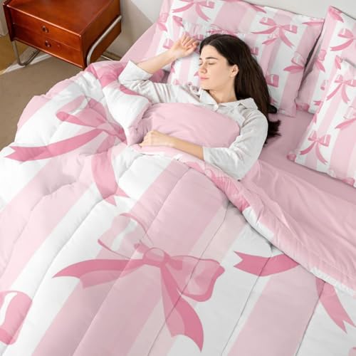 Image of Princess Bow King Size Comforter Set with Sheets | Kawaii Bow 7-Piece Bedding Set Dreamy Ribbon Bowknot Bed in a Bag, Watercolor Pink Striped Bed Sets,Cute Room Decor Aesthetic