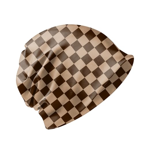 Deokke Chemo Caps Slouchy Beanie Hat Stretch Cancer Head Wraps Turban Sleep Headwear Scarf for Women Girls Men-Brown Checkered