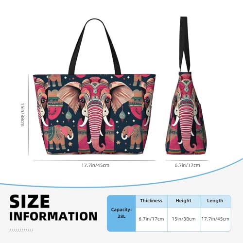 Bohemian Elephant Pattern Print Large Waterproof Beach Bag For Women With Zipper And Pockets For Travel Vacation4