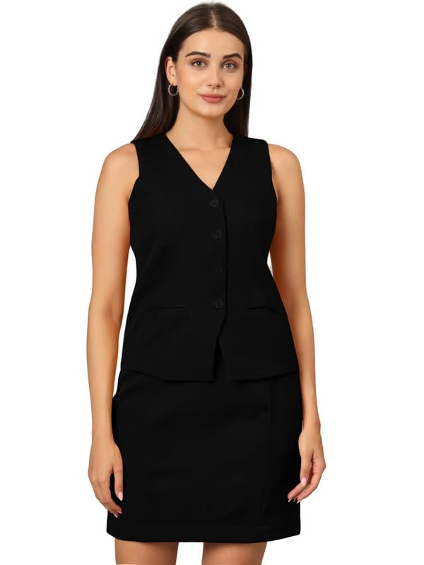 V-Neck Sleeveless Waistcoat & Skirt Suit Set-image-43