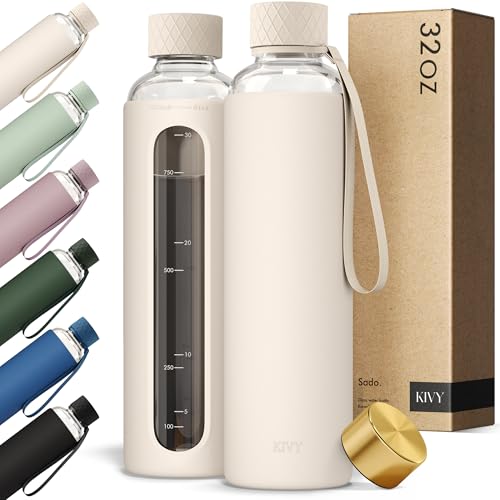 KIVY Glass Water Bottle with Silicone Sleeve 32 oz [WITH MEASUREMENT] -...