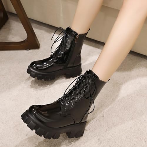 Women's Goth Lace Up Chunky High Heel Combat Boots Patent Round Toe Side Zipper Platform Lug Sole Motorcycle Rider Ankle Booties4