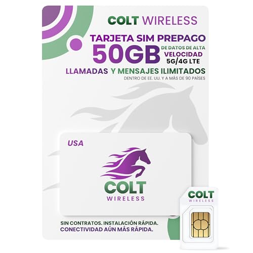 Tarjeta SIM Prepago Física Colt Wireless de 60 Días Desde EE. UU. con 50GB de Datos 4G LTE/5G Ilimitados, Llamadas y SMS a más de 90 Países, Plan Prepago con Hotspot Móvil, Activación Fácil