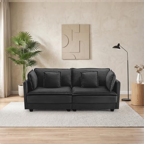 Image of 78.4 inch Corduroy Loveseat, Small Sectional Sofa for Small Spaces, Apartment, Home Office, or Cozy Corner, Black