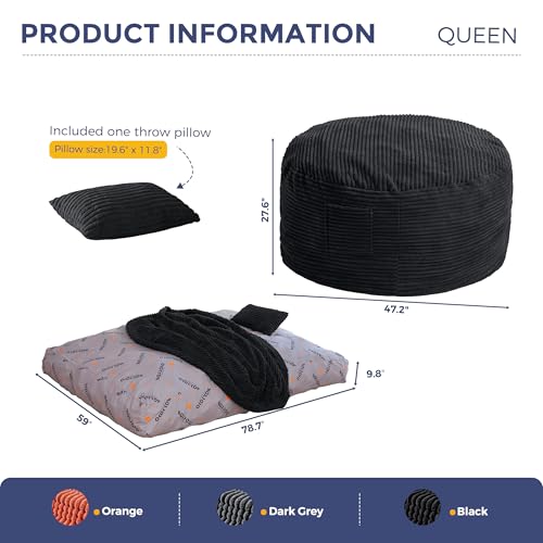 Image of MAXYOYO Giant Bean Bag Chair Bed with Pillow, Convertible Beanbag Sofa to Floor Bed, Lazy Chair Couch with Removable Cover, High-Density Shredded Foam Filling, Cozy Lounge for Bedroom Living Room