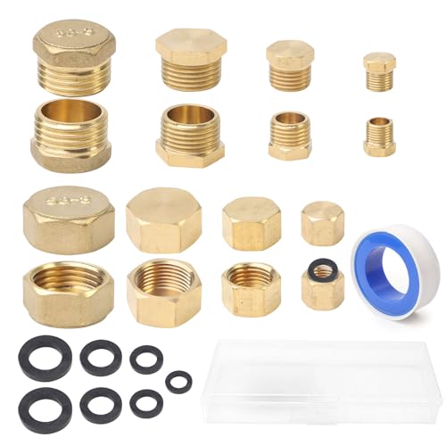 16Pcs Tapones de Rosca Hexagonal de Latón Set, 1/8' 1/4' 3/8' 1/2' Tapón de Cierre de Latón Macho y Hembra, Extremo de Tubería con Cinta de Plomero 8 Juntas de Goma para Agua Aire