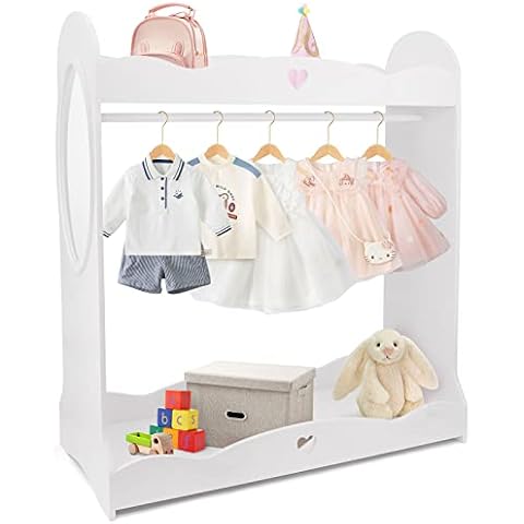 GAZHOME Dress up Storage with Mirror, Kids Open Hanging Armoire Closet with Top Storage Shoes Storage, Children Wardrobe Bedroom Furniture, White Cover