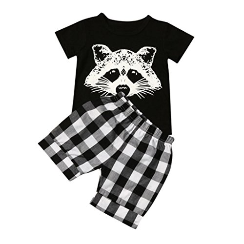 Oyedens Shorts Et Haut Ensemble Bebe Garcon Naissance Mode Infantile Enfant Vetement Bébé Garçon Ete Pas Cher Outfit Sport Fox Imprimé Chemise T-Shirt Tops + Plaid Shorts Pantalons (Noir, 12-18 Mois)
