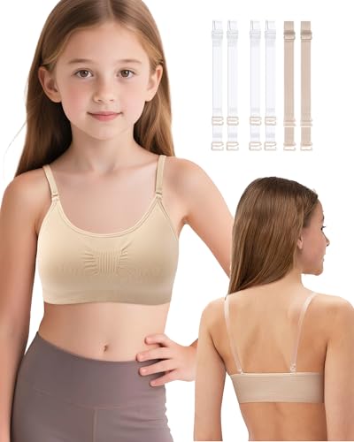 iMuchic Clear Straps Dance Bra for Girls, 8-16 Years Training Ballet Gymnastics Sports Seamless Bralette with Silicone Covers (US, Alpha, Medium, Regular, Regular, Beige-Pad)