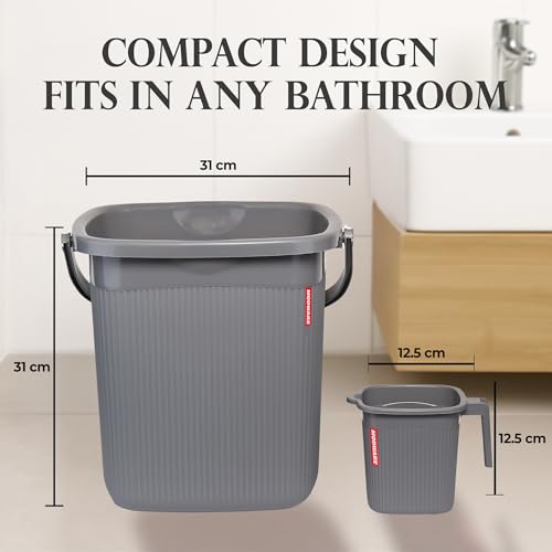 Image of Modware Square Ribbon Plastic Bucket Set with Mug | 20 L Bathroom Bucket with Handle + 1L Mug | Heavy-Duty Polypropylene + Co-Polymer | Stylish & Durable Bath Set (Grey)