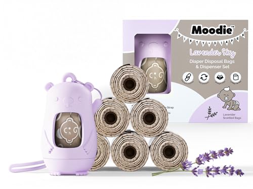 Image of Moodie Disposable Diaper Bags Dispenser COMBO PACK |105 LAVENDER SCENTED Baby Poop Bags TOTAL & 1 Diaper Disposal Bag Dispenser | Dirty Diaper Trash Bags on the Go