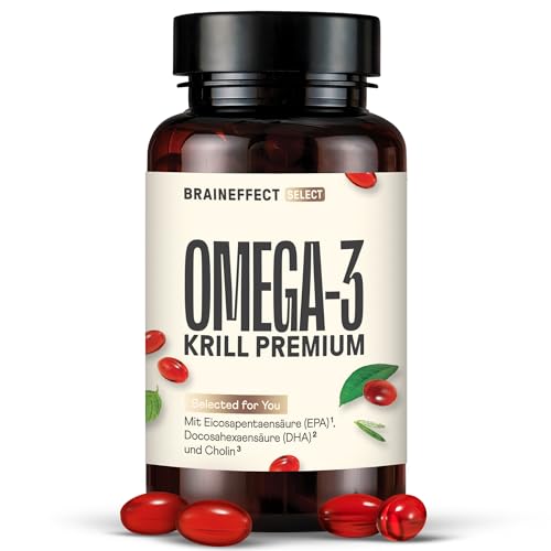 BRAINEFFECT Premium Krillöl Omega 3 Kapseln | 100% Krillöl (Ungestreckt) | Astaxanthin EPA DHA Cholin | Kein Fischgeruch/-Geschmack | 60 Kapseln | Made in Germany