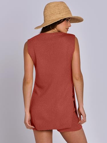 Image of ANRABESS Women Summer 2 Piece Outfits Sleeveless Knit Sweater Top & Shorts Soft Lounge Sets Travel Beach 2026 Spring Clothes Rust Small