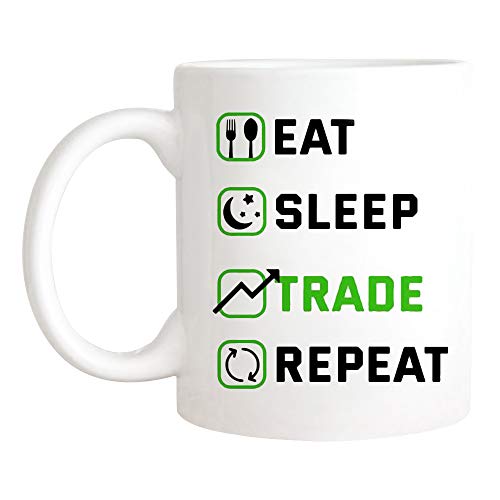 Saviola - Taza de café con texto en inglés 'Eat Sleep Trade Repeat', divertida taza para comerciante de acciones de Forex, taza de intercambio, taza de café novedosa de 11 onzas