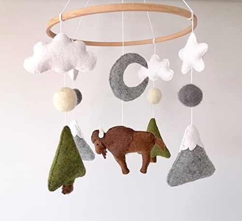 Bison Mobile,Buffalo Mobile, Nursery Mobiles,Forest Fir Tree Mobile,Woodland Mobile,Wisent Mobile, Mobile Felt, Mountains Mobile,Wood Crib Arm,Wall Arm Mobile #TOP1