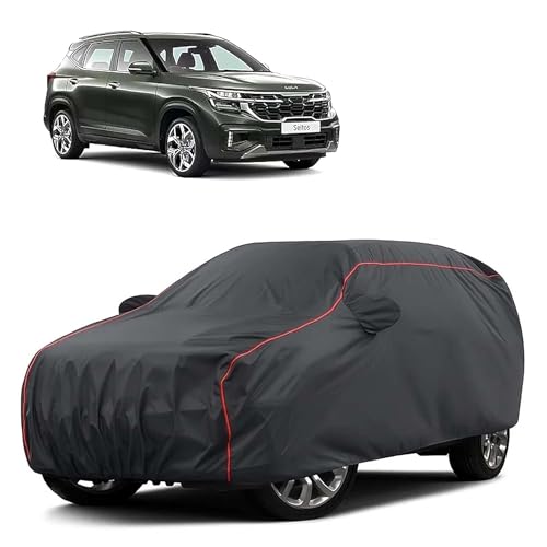 Image of Sulfar 100% Water Resistant Car Body Cover Compatible with Mirror for Kia Seltos (Triple Stitched, Full Bottom Elastic, Dark Grey Taffeta with Red Piping)