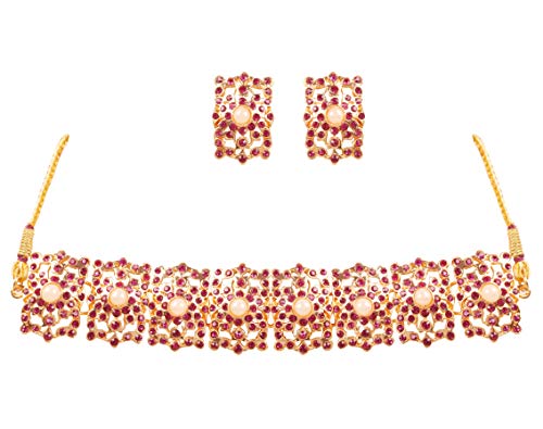Image of Touchstone Mughal Jali Collection Gold Tone Indian Mughal Bollywood White Diamante Jewelry Choker Set for Women