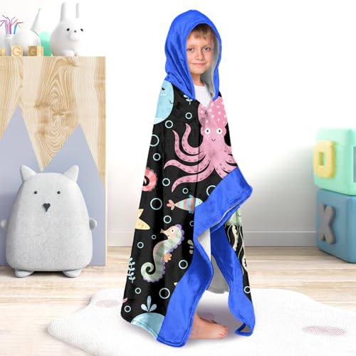 Image of Shark Boys Beach Towel with Hoodie for Kids Toddlers Age 4-8,Shark Blue Bath Towels Shower Wrap for Boys, Hooded Poncho Beach Blanket for Pool Swimming Cute Wearable Bath Towel for Child