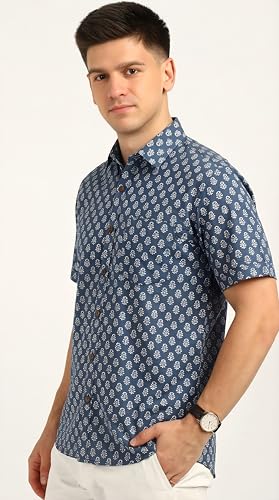 Image of BLOCKS OF INDIA Cotton Hand Block Print Half Sleeves Summer Shirt for Men